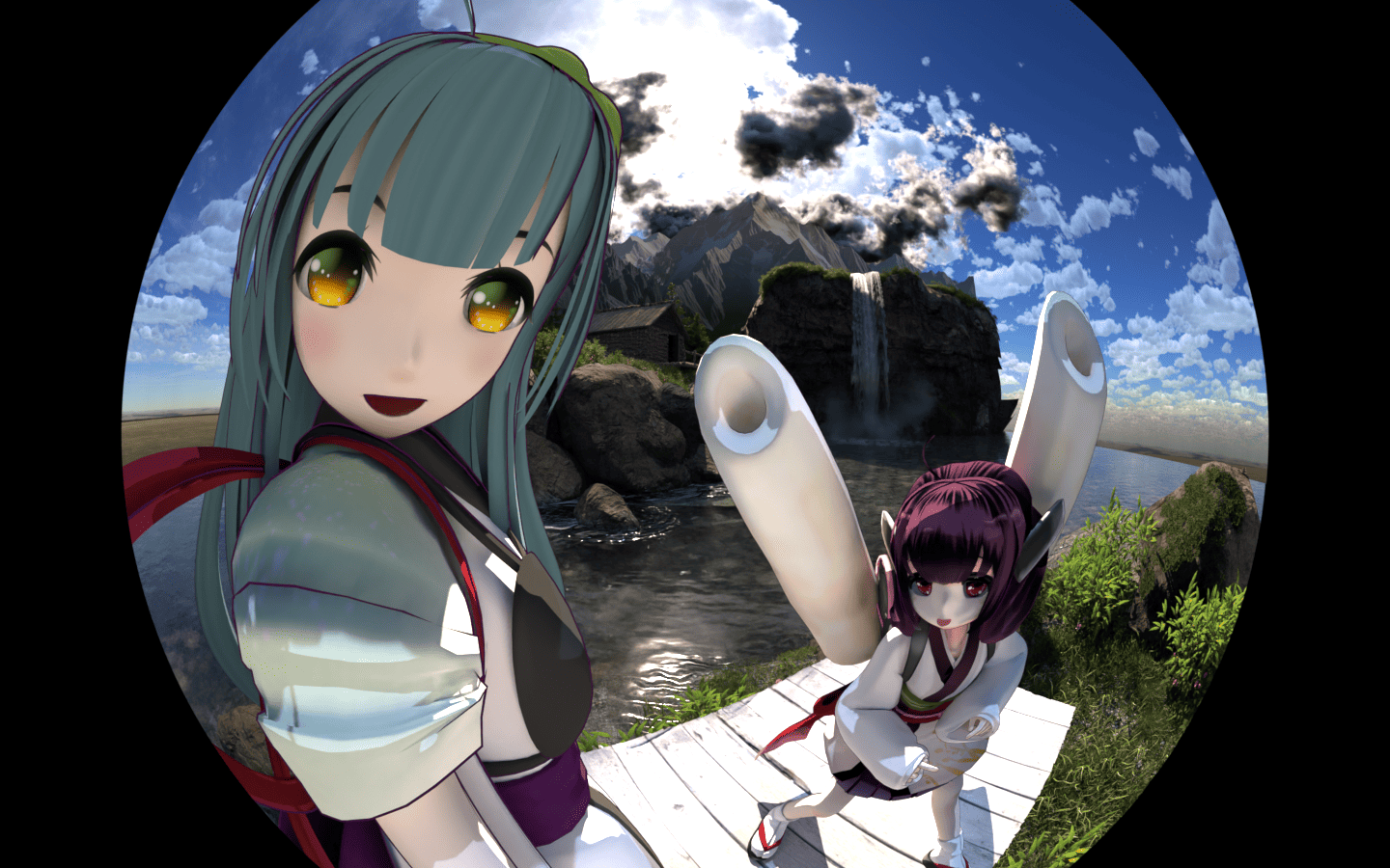 Toon character rendered with a fisheye lens effect in Cycles