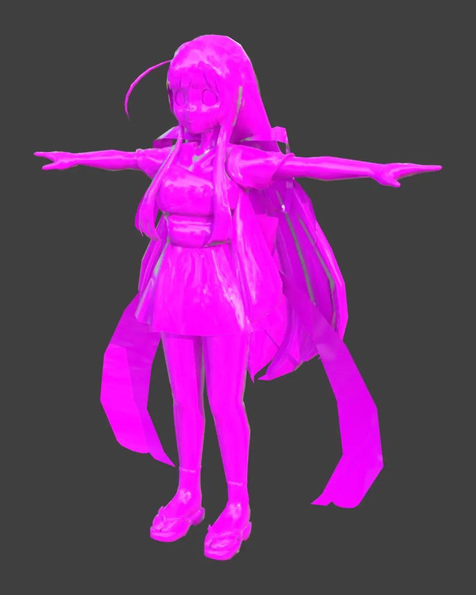 FBX だけを Blender に読み込んだアバター。テクスチャが見つからず、全体がピンク一色になっている