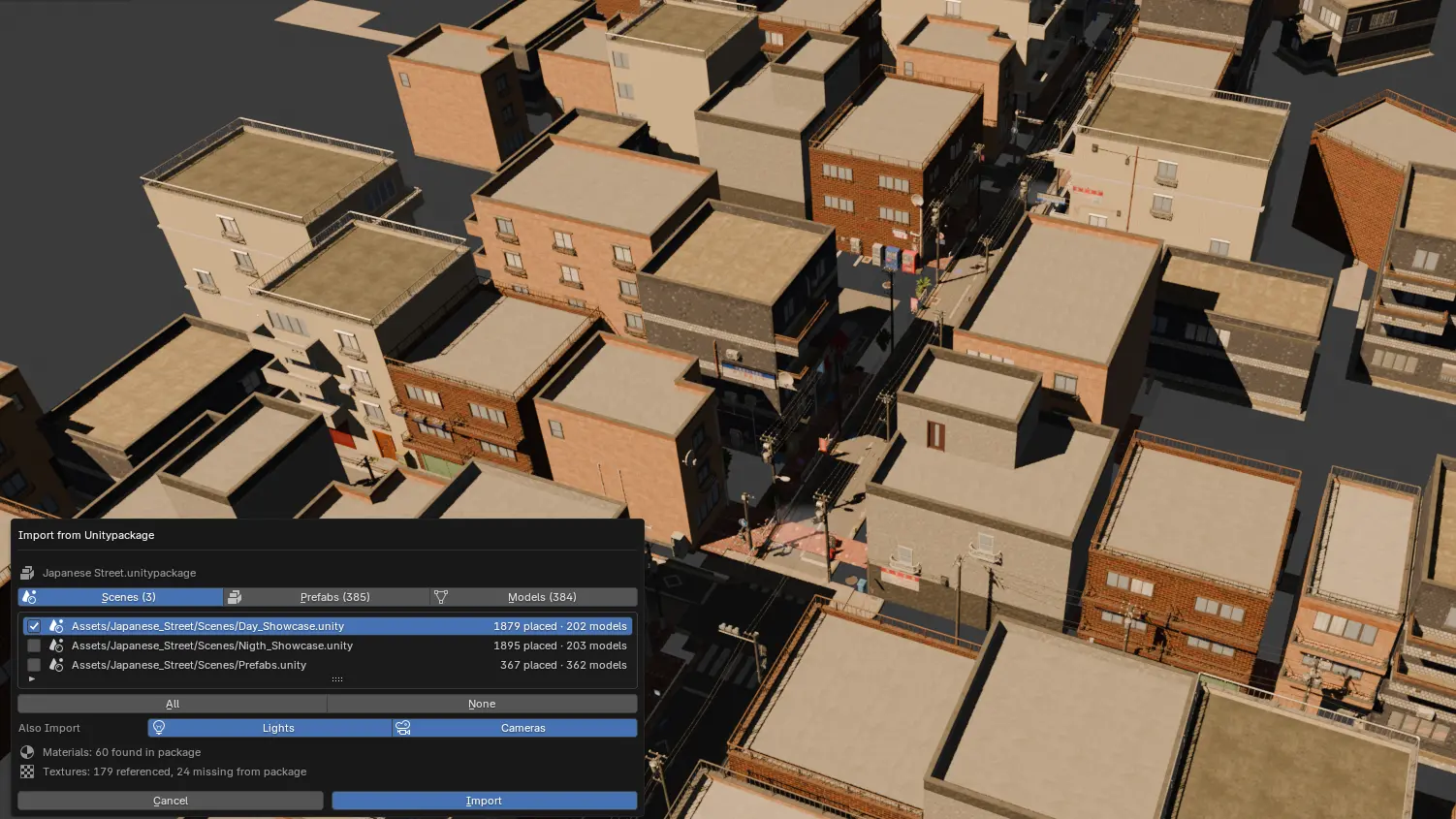 Blender に読み込んだ日本の街並みのシーン。ビルや電柱が並ぶ画面の左下に、読み込むものを選ぶダイアログが開き、Scenes のタブで 1879 の配置を持つシーンにチェックが入っている