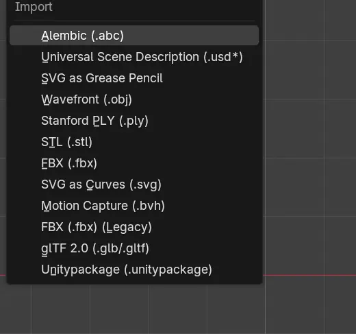 Blender のファイル > インポートメニューに Unitypackage (.unitypackage) の項目が並んでいるところ