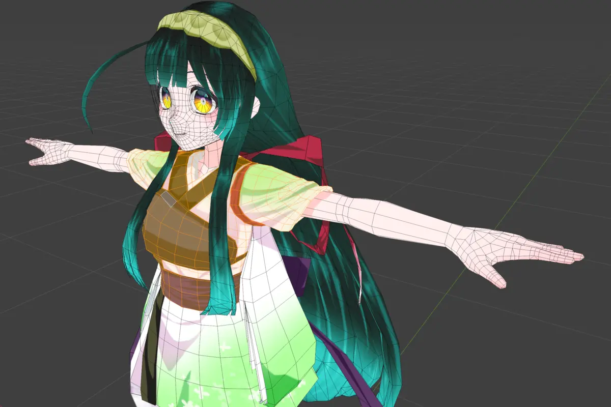 Blender の編集モードで、読み込んだアバターの顔や腕の網目を表示し、着物の胸元を選択している画面