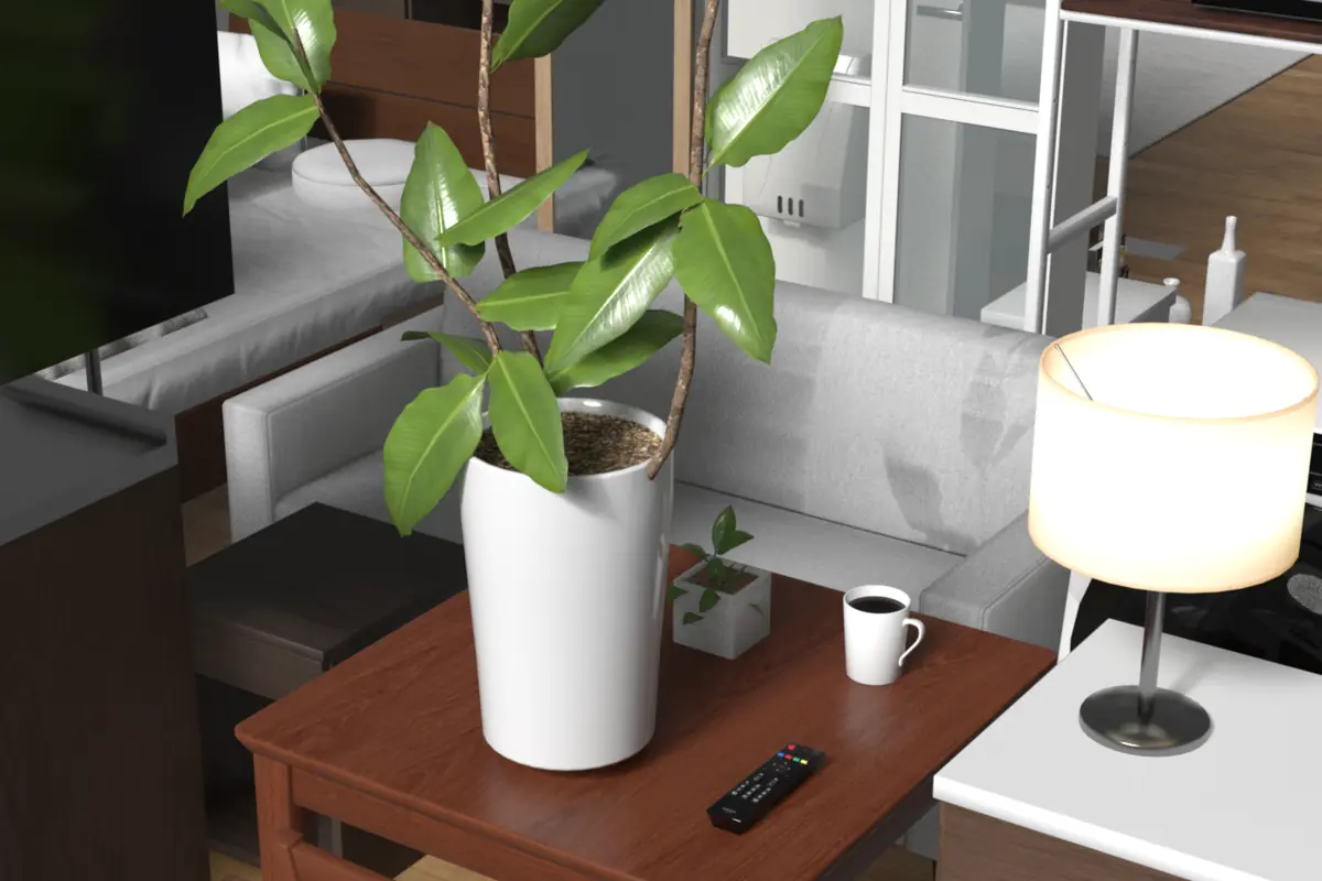 Unity 向けの室内アセットを Blender でレンダリングした画像。木のテーブルに観葉植物、マグカップ、テレビのリモコンが置かれ、横でランプが灯っている